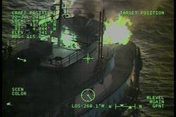 The tugboat Thomas Dann burns after a fire broke out Friday 8 miles east of Matanzas. A good Samaritan recovered the six crewmembers from a life raft. U.S. Coast Guard photo courtesy Air Station Clearwater.